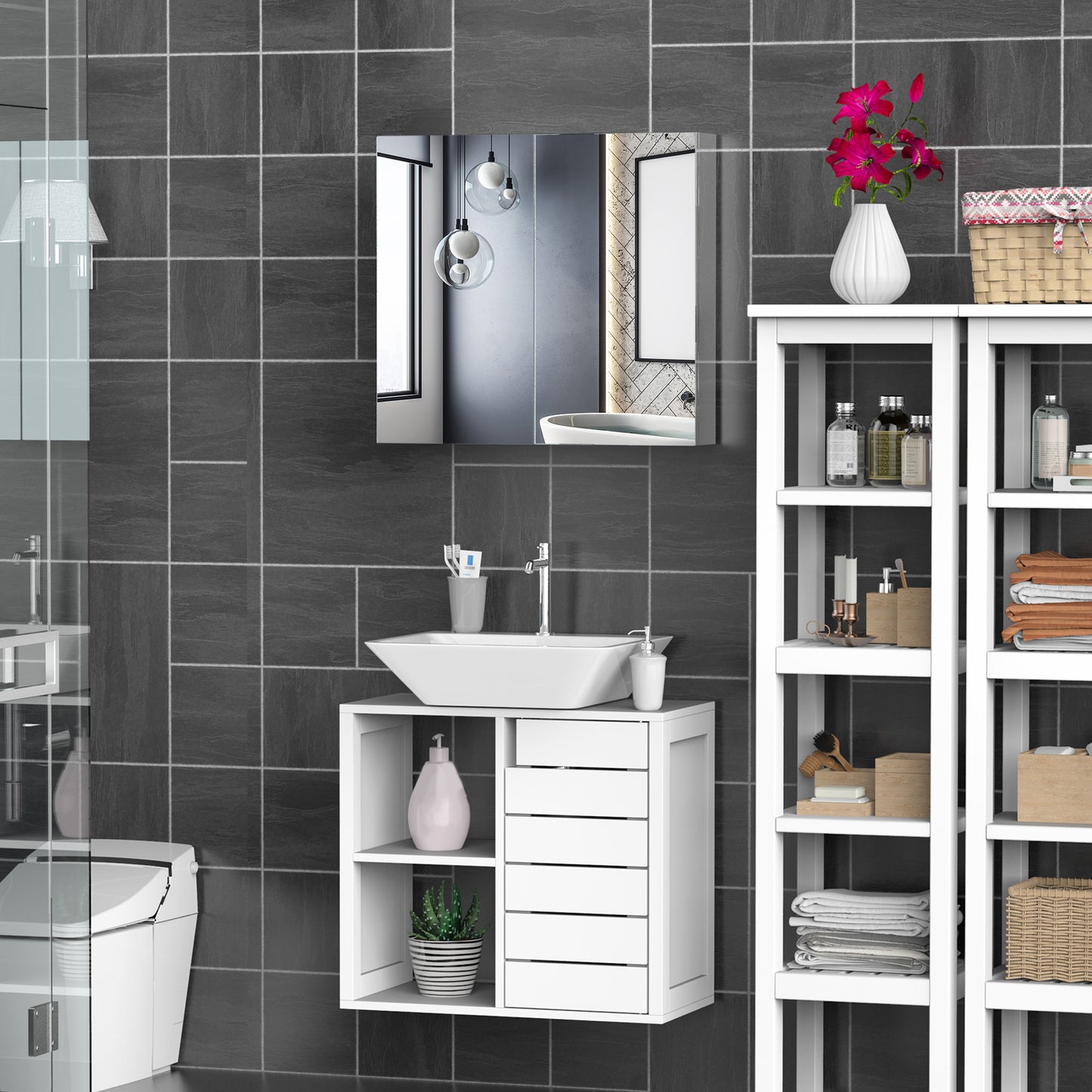 Bathroom Mirror Cabinet, Stainless Steel Wall Mounted Bathroom Storage Cabinet with Double Doors, 60x55cm