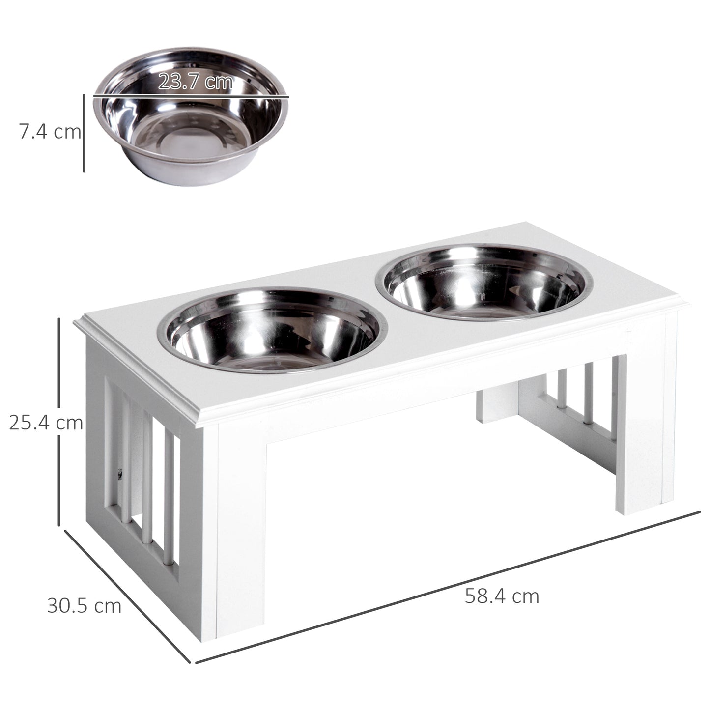 Raised Dog Feeding Bowls with Stand, Stainless Steel for Medium Dog, 58L x 31W x 25H cm - White