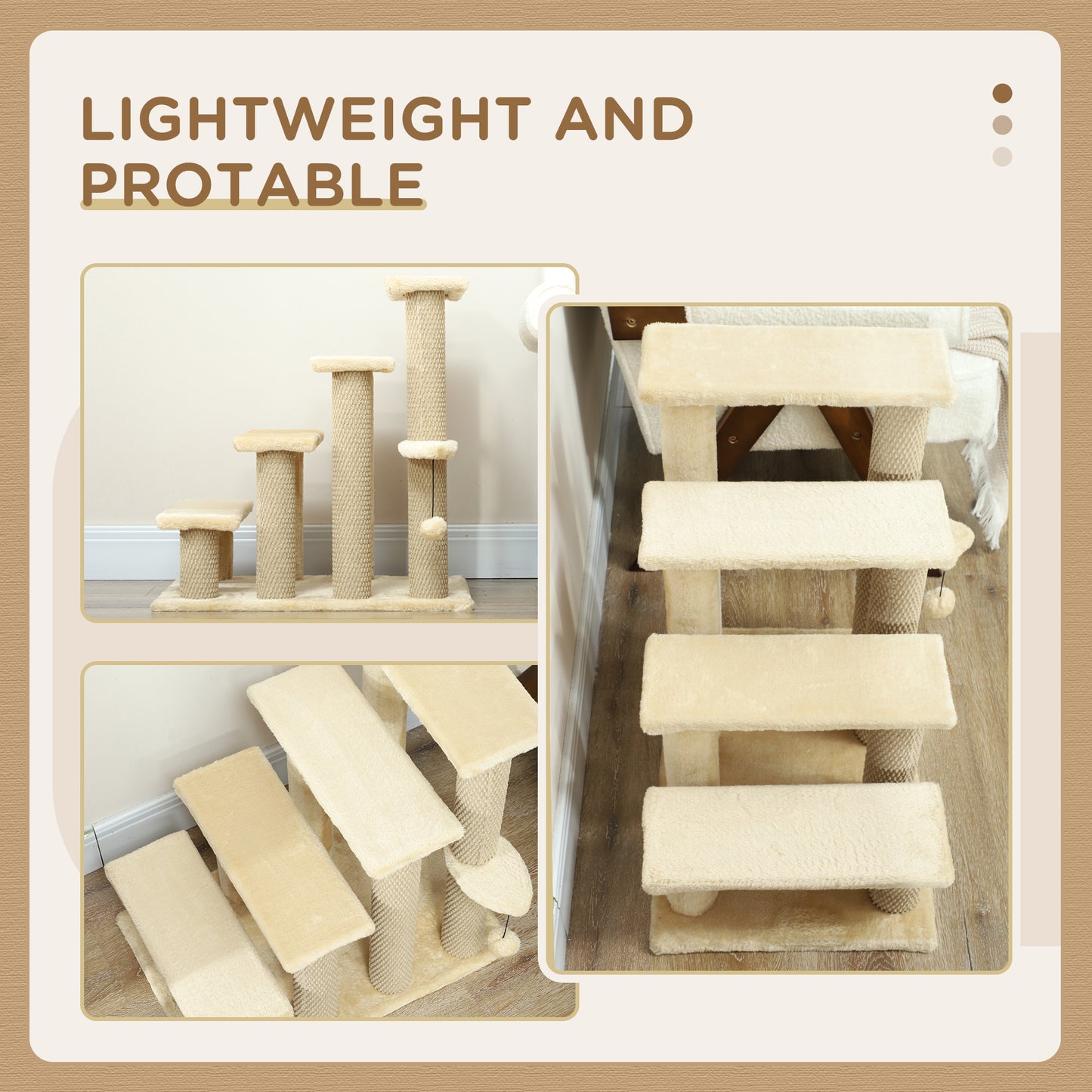 4-step Pet Stairs with Scratching Posts, Platforms, Toy Ball, Beige