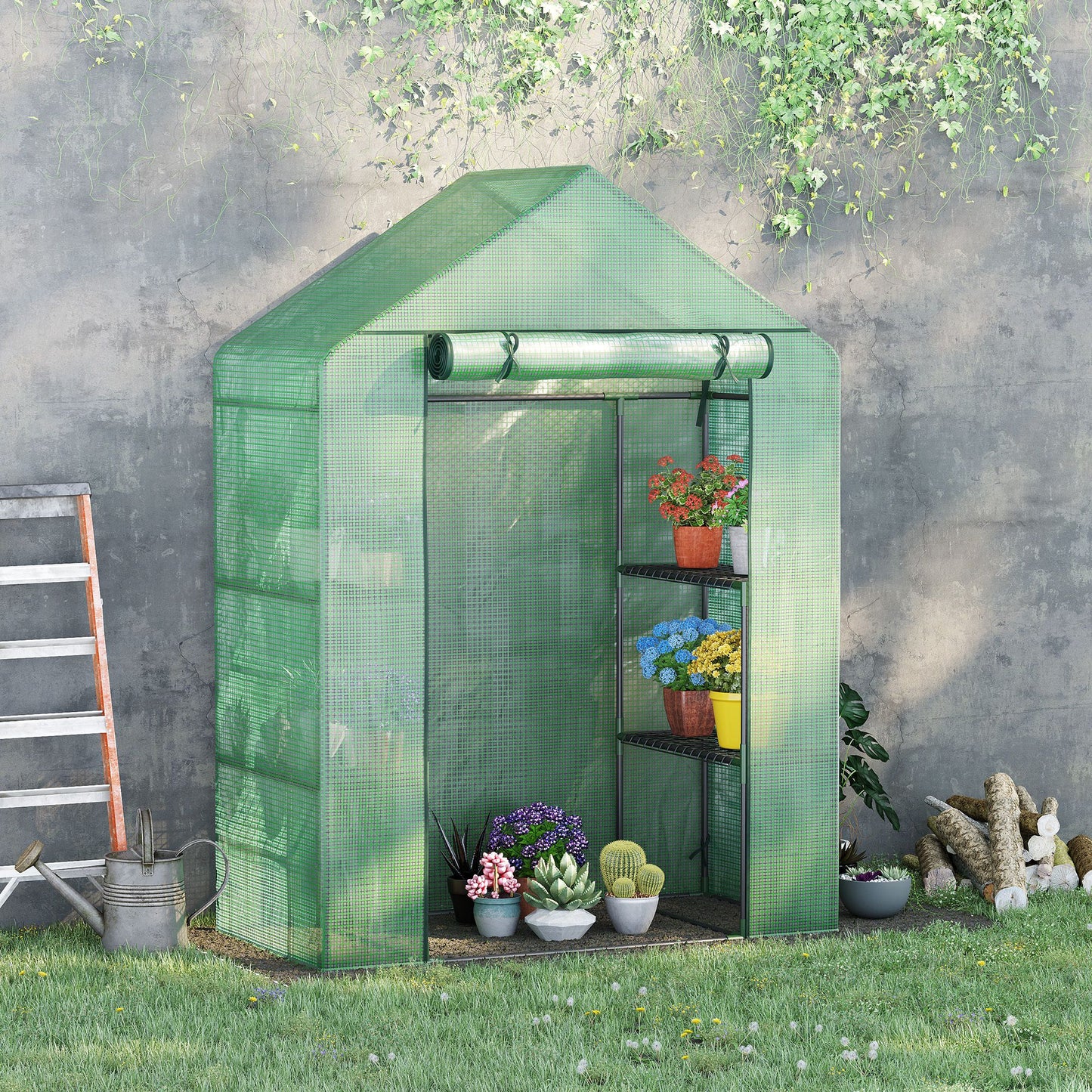 Walk In Greenhouse with Shelves, Portable Gardening Plant Grow House for Outdoor with 2 Tier Shelf, Roll-Up Zippered Door