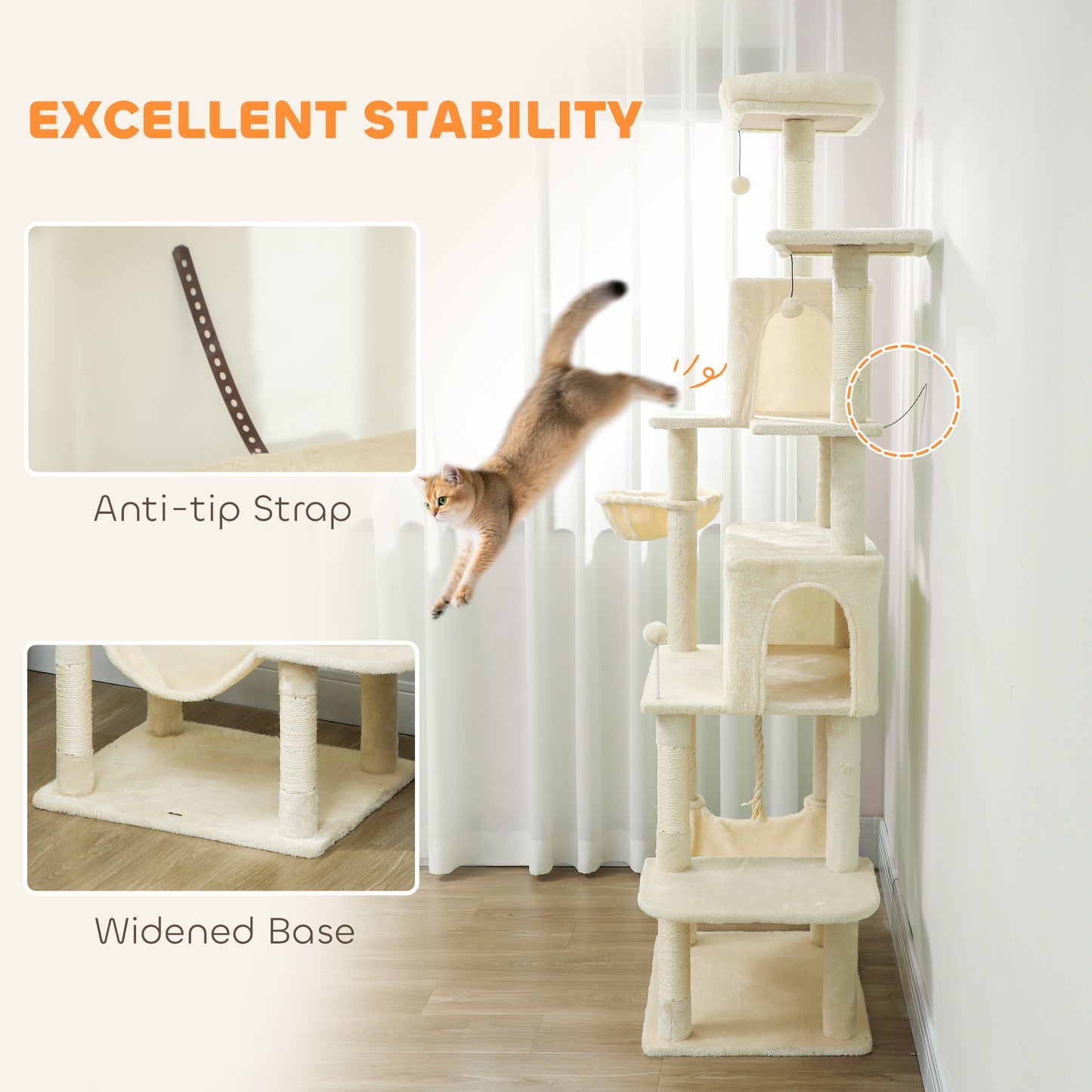 202cm Cat Tree with 6 Scratching Posts, 2 Hammocks, 2 Condos, 2 Perches, Pompoms, for Cats to Rest and Play, Beige
