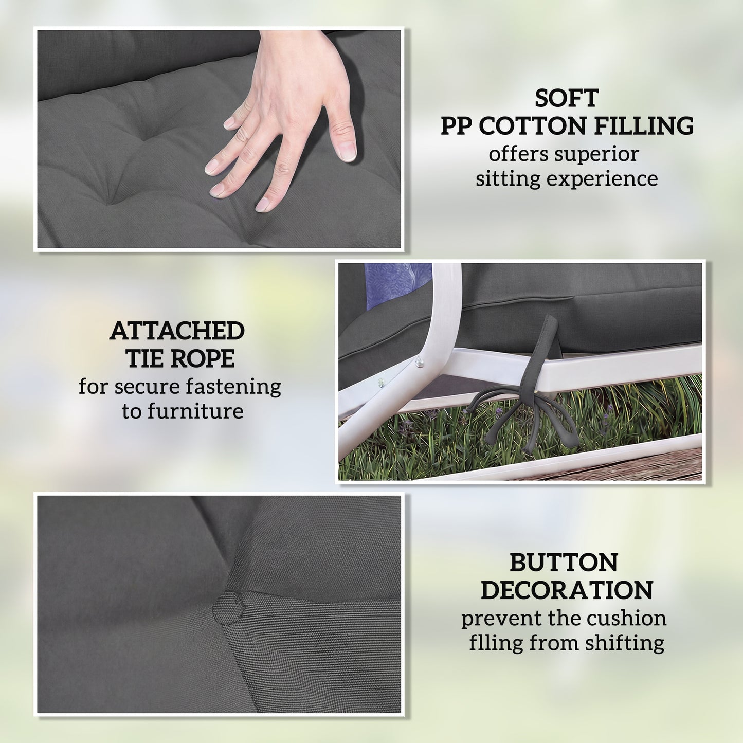 Garden Bench Cushion, 2 Seater Swing Chair Cushion, Seat Pad with Ties for Indoor and Outdoor Use, 110 x 120 cm, Black