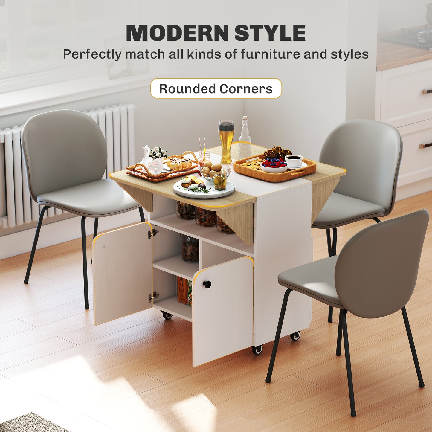 Folding Dining Table, Rolling Drop Leaf Table with Hidden Shelf & Cabinet for Dining Room, Small Spaces, White