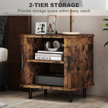 Nightstand with Sliding Doors and Metal Legs Rustic Brown