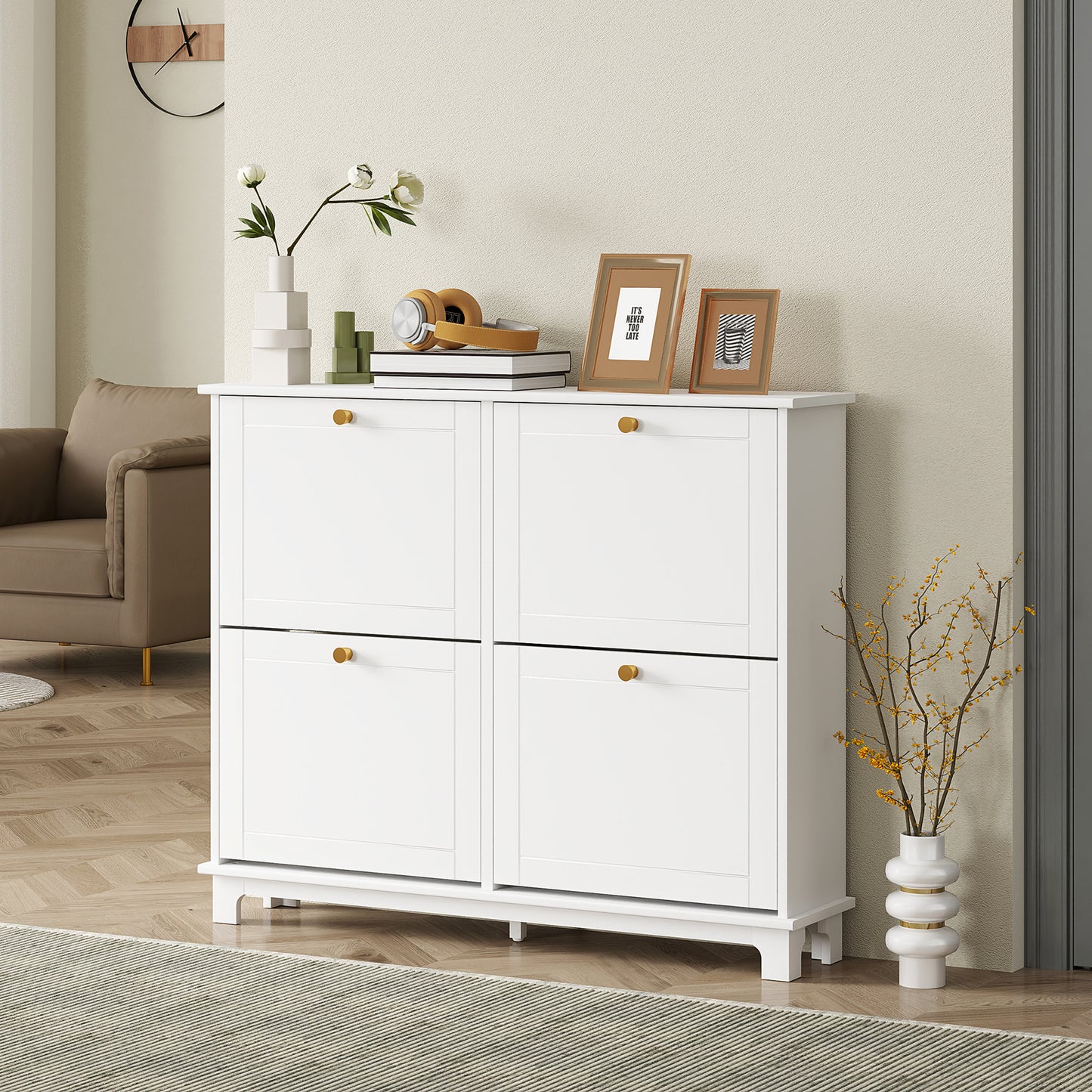 Narrow Shoe Storage Cabinet, Slim Shoe Cabinet with 4 Flip Drawers, Adjustable Shelves for 16 Pairs of Shoes, White