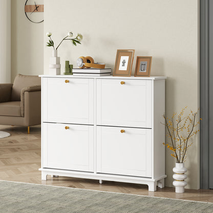 Narrow Shoe Storage Cabinet, Slim Shoe Cabinet with 4 Flip Drawers, Adjustable Shelves for 16 Pairs of Shoes, White