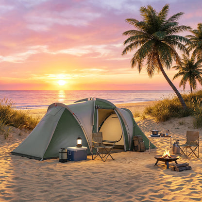 Family Camping Tent 3000mm Waterproof Windproof Tunnel Tent 6 Person Two Bedrooms Green