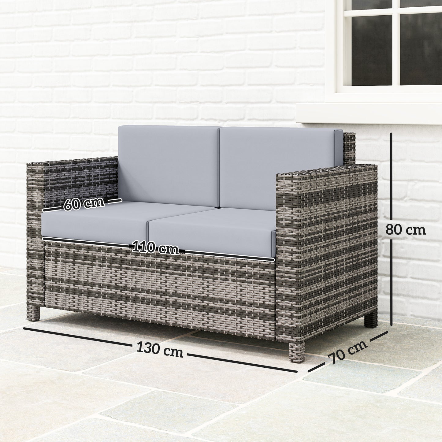 Rattan Sofa, 2 Seater Garden Furniture with Soft Padded Cushion and Armrests, Wicker Garden Loveseat for Patio, Mixed Grey