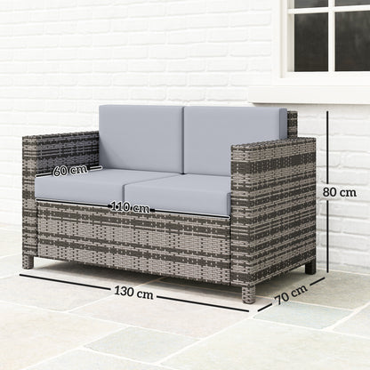 Rattan Sofa, 2 Seater Garden Furniture with Soft Padded Cushion and Armrests, Wicker Garden Loveseat for Patio, Mixed Grey