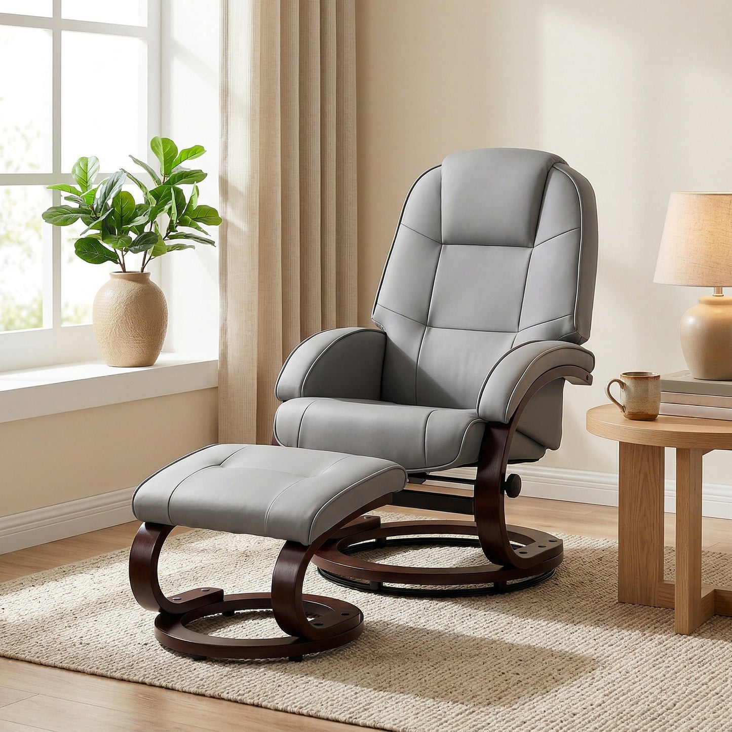 Swivel Recliner Chair with Footstool, PU Leather Recliner Armchair with Adjustable Back and Wood Frame, Grey