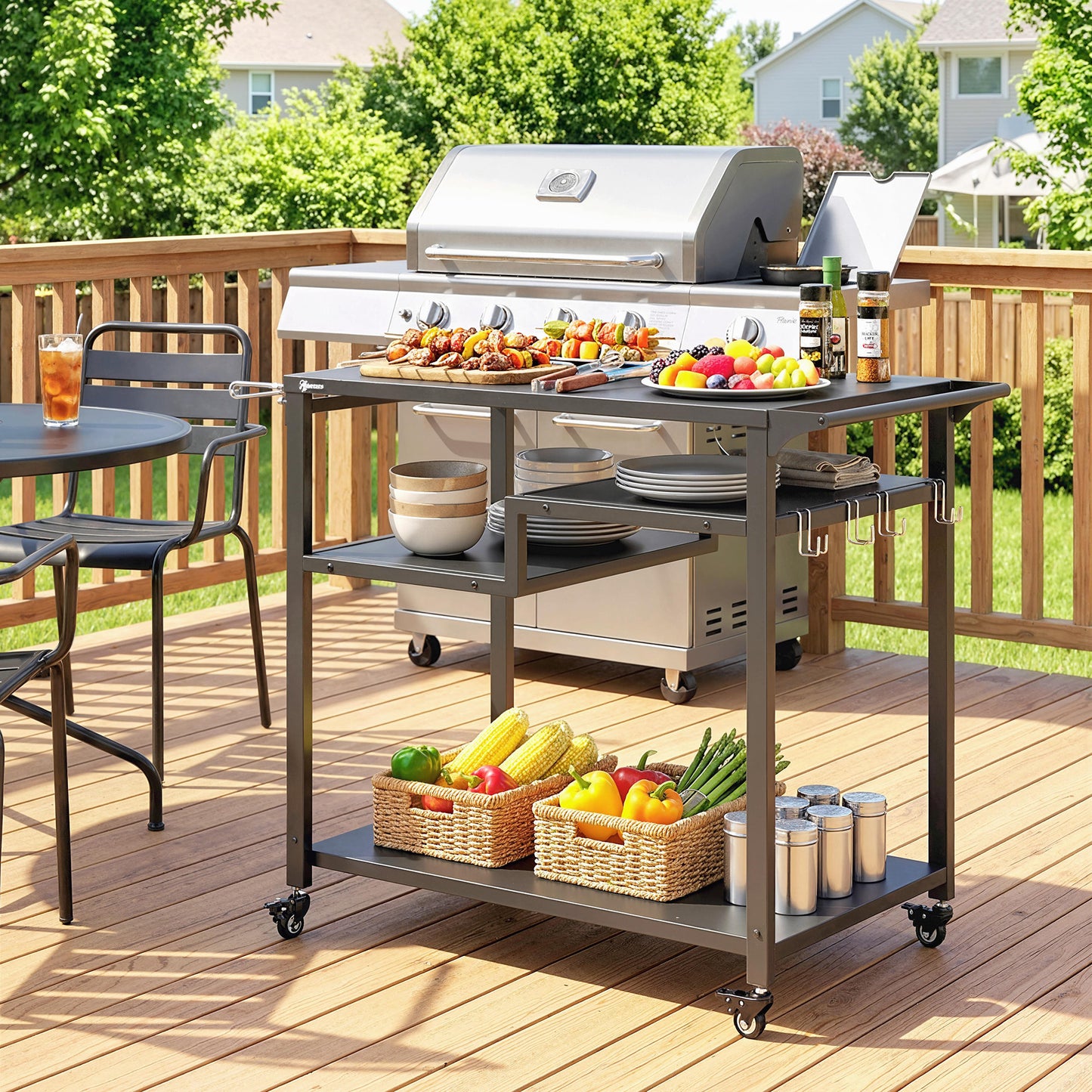 Outdoor Grill Cart, Three-Tier Pizza Oven Stand with Steel Tabletop, Hooks, Rubbish Bag Holder, Wheels, Black