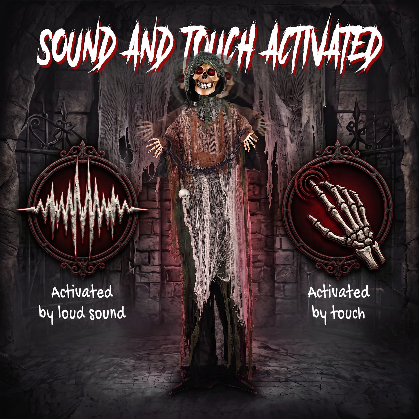 170cm Animated Grim Reaper, Life-Size Halloween Animatronic with Moving Hands/Head, Glowing Eyes, Creepy Sound