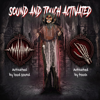 170cm Animated Grim Reaper, Life-Size Halloween Animatronic with Moving Hands/Head, Glowing Eyes, Creepy Sound