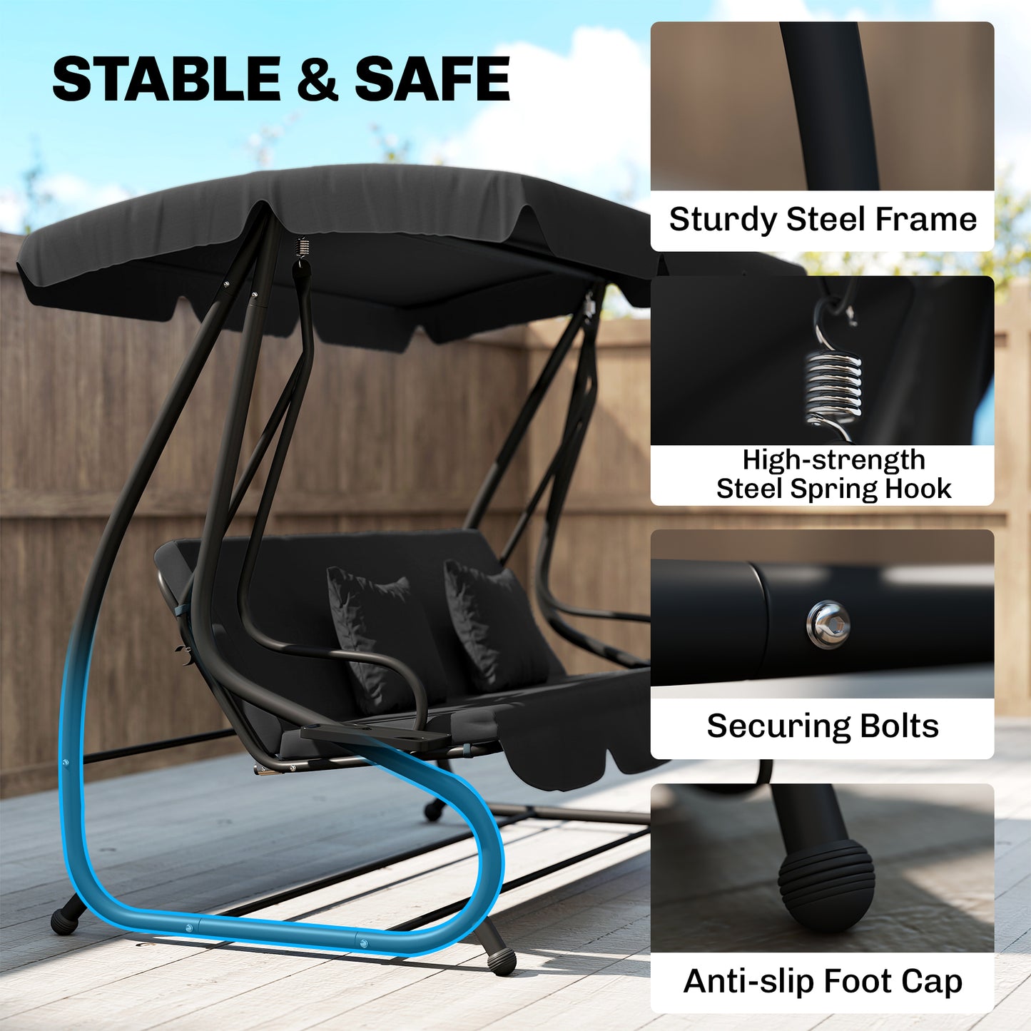 Three-Person garden Swing Chair, with Adjustable Canopy - Black