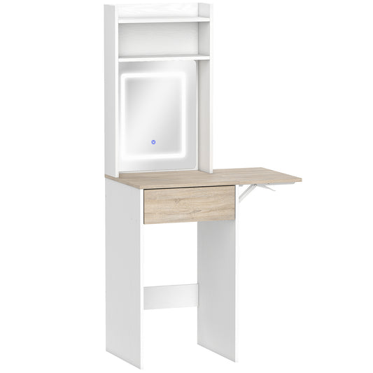 Small Vanity Desk with Mirror and LED Lights, Compact Dressing Table with Drop Leaf, Open Shelves and Drawer, White