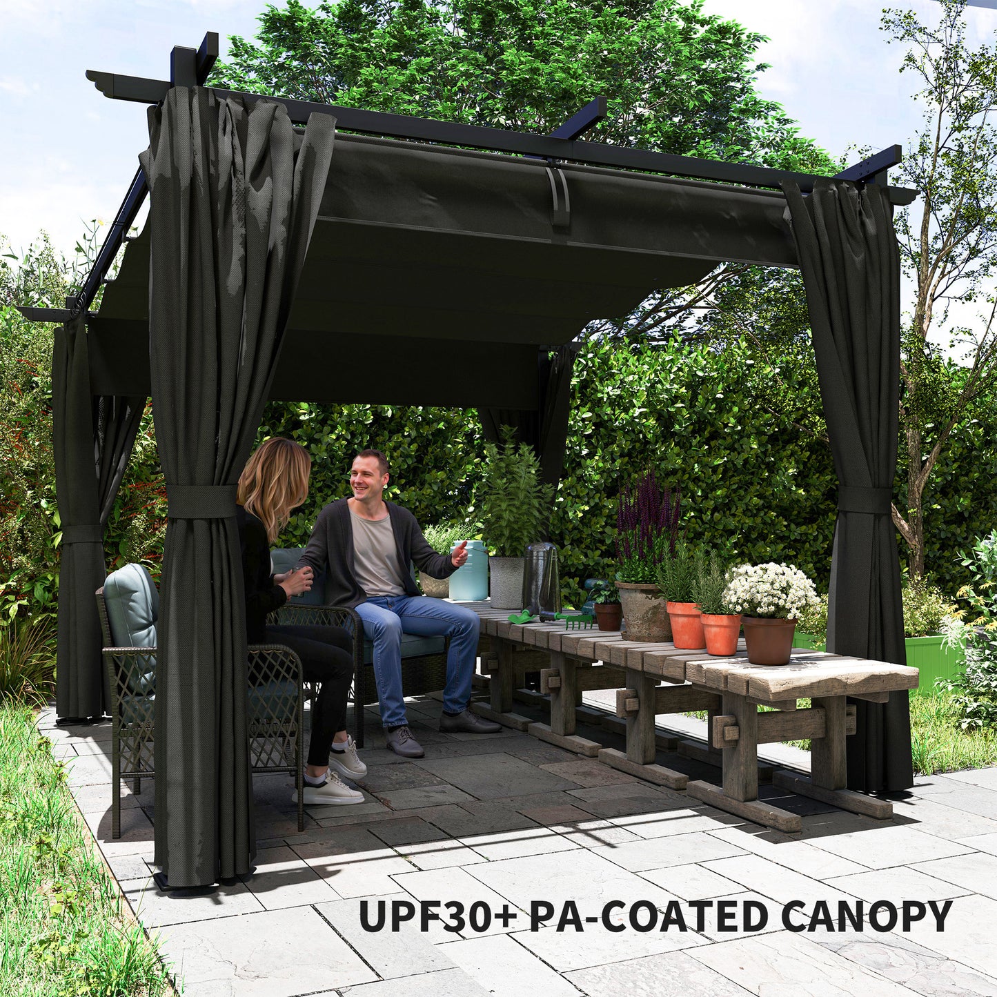 3 x 3 m Retractable Roof Pergola, with Curtains - Dark Grey