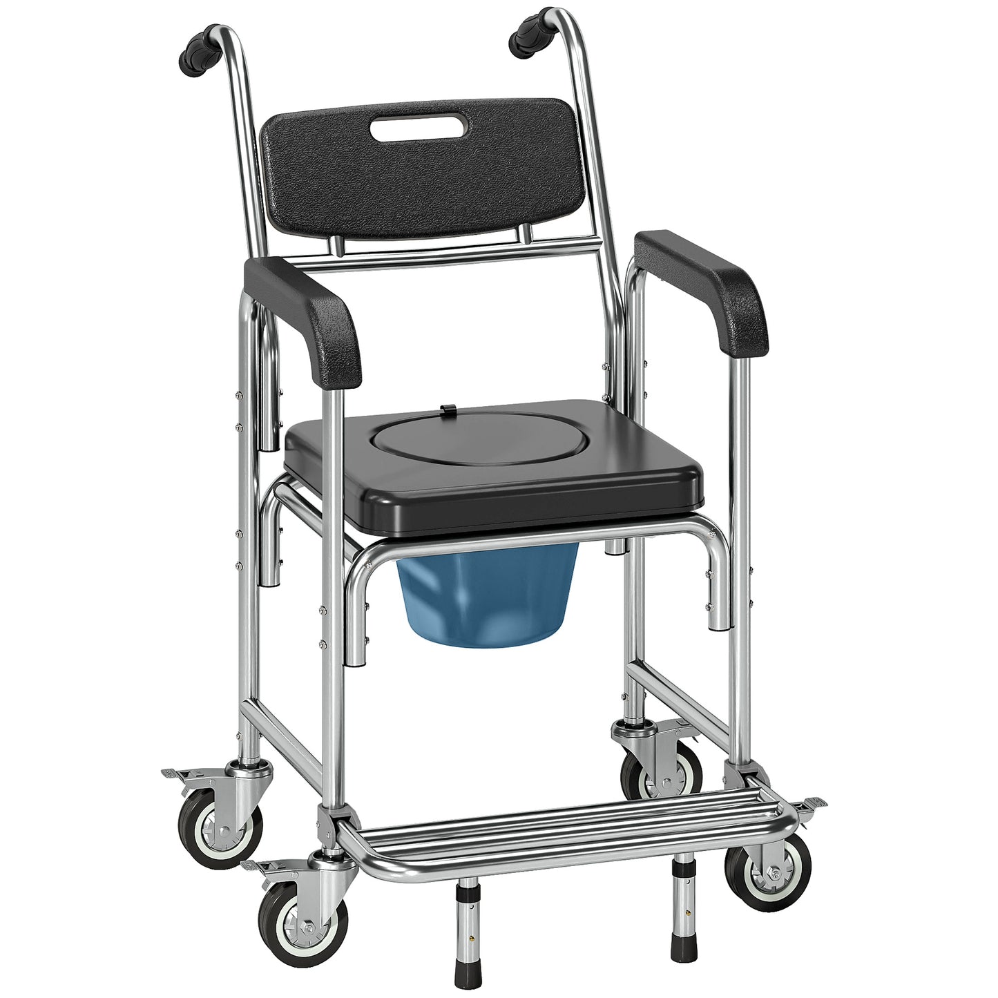 Transport Beside Shower Chair, 3-in-1 Commode Chair with Wheels and Padded Seat, Black
