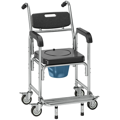 Transport Beside Shower Chair, 3-in-1 Commode Chair with Wheels and Padded Seat, Black