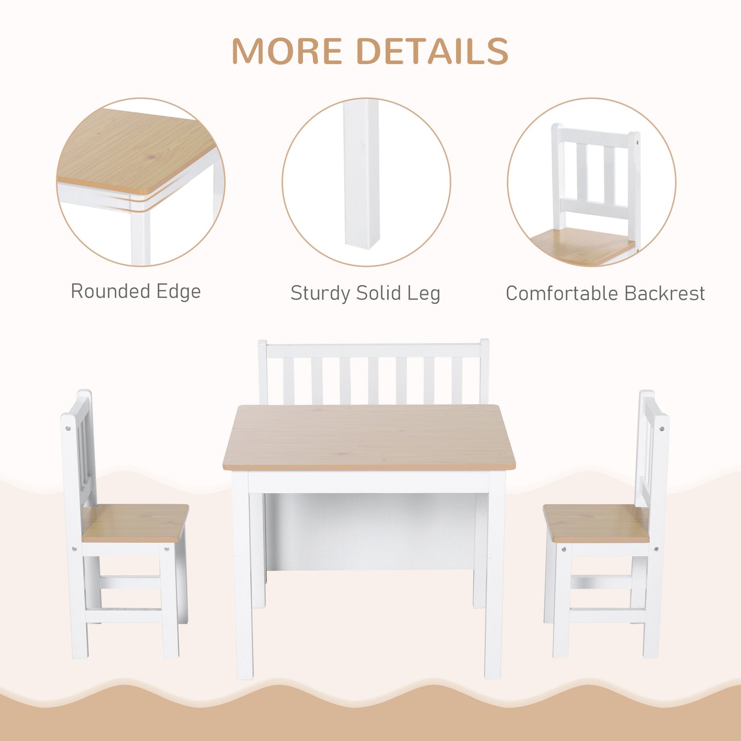 4-Piece Kids Table and Chair Set with 2 Wooden Chairs, 1 Storage Bench, and Interesting Modern Design, Beige/White
