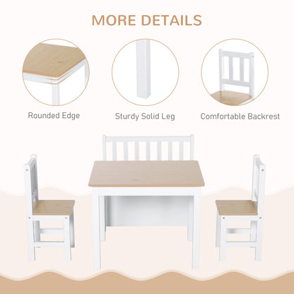 4-Piece Kids Table and Chair Set with 2 Wooden Chairs, 1 Storage Bench, and Interesting Modern Design, Beige/White