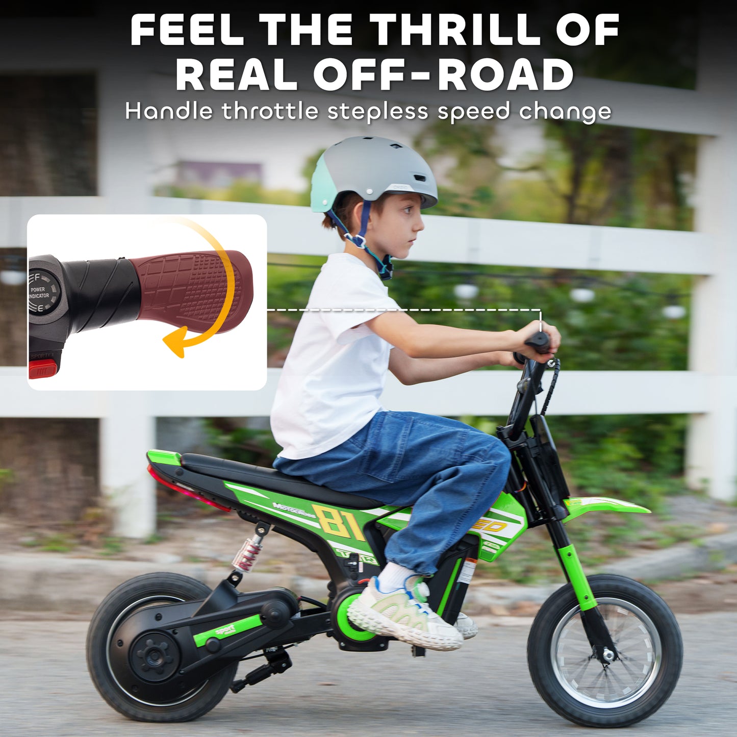 Kids Electric Motorbike, 24V Ride On Motorcycle with 3 Speeds and Rear Suspension, Dirt Bike for 8-12 Years Old, Green