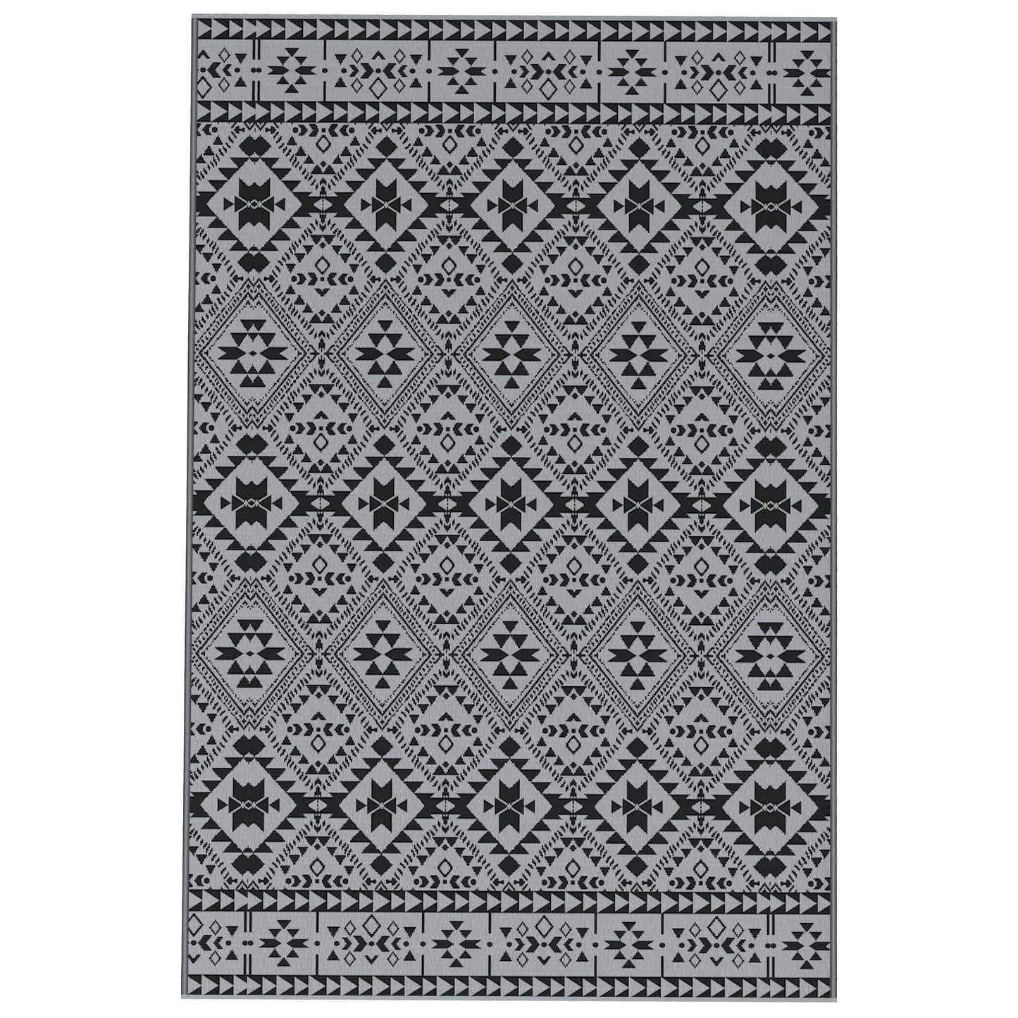 182 x 274cm Reversible Patterned Outdoor Rug, with Bag - Black/Grey