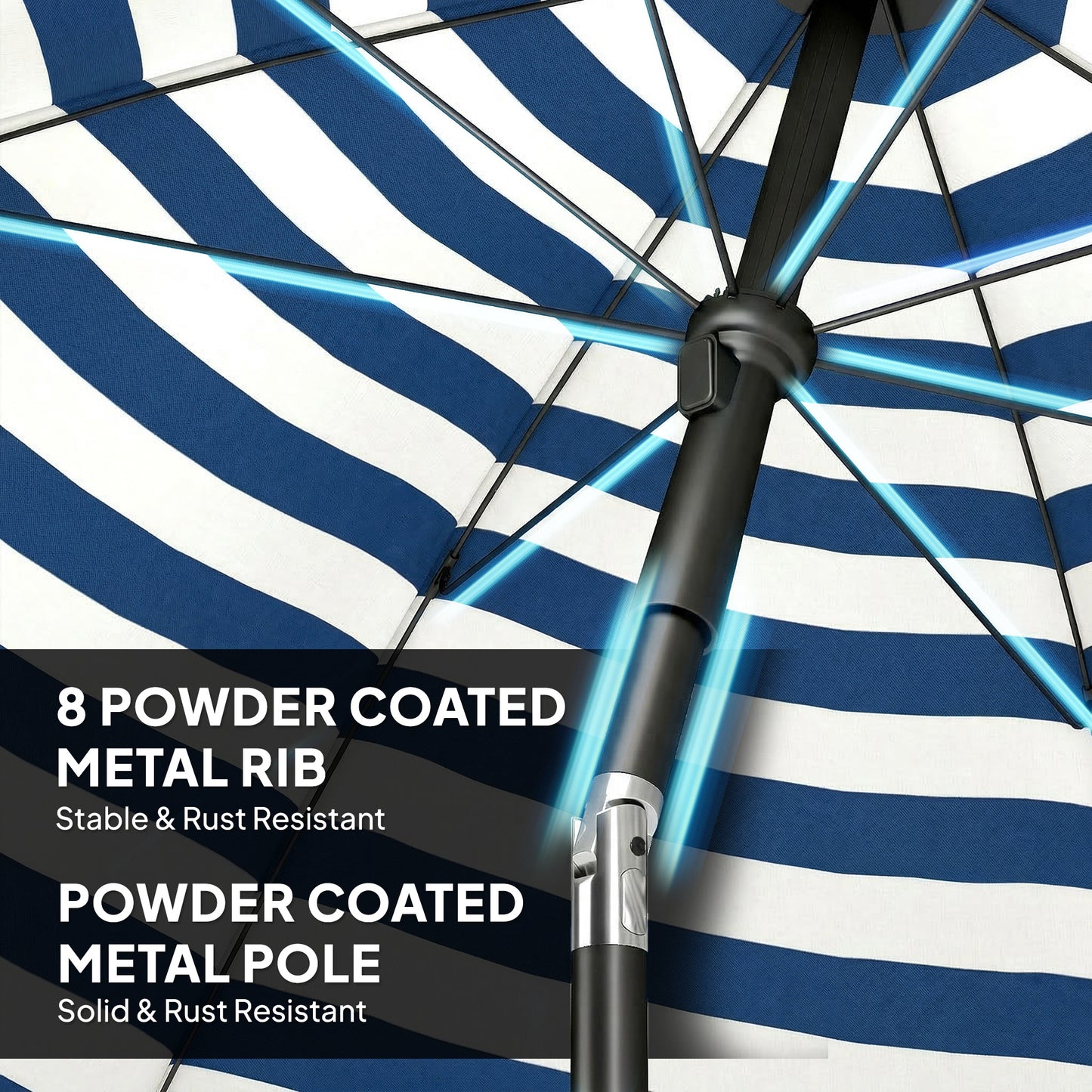 1.8 m Beach Umbrella Parasol with Sand Anchor, Portable 30° Tilting Patio Sun Shade with Adjustable Height, Blue/White