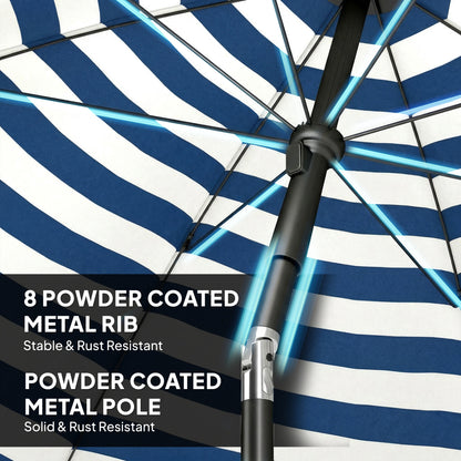 1.8 m Beach Umbrella Parasol with Sand Anchor, Portable 30° Tilting Patio Sun Shade with Adjustable Height, Blue/White