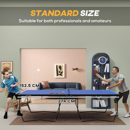 9FT Folding Tennis Table, with 8 Wheels, for Indoor Use, Blue
