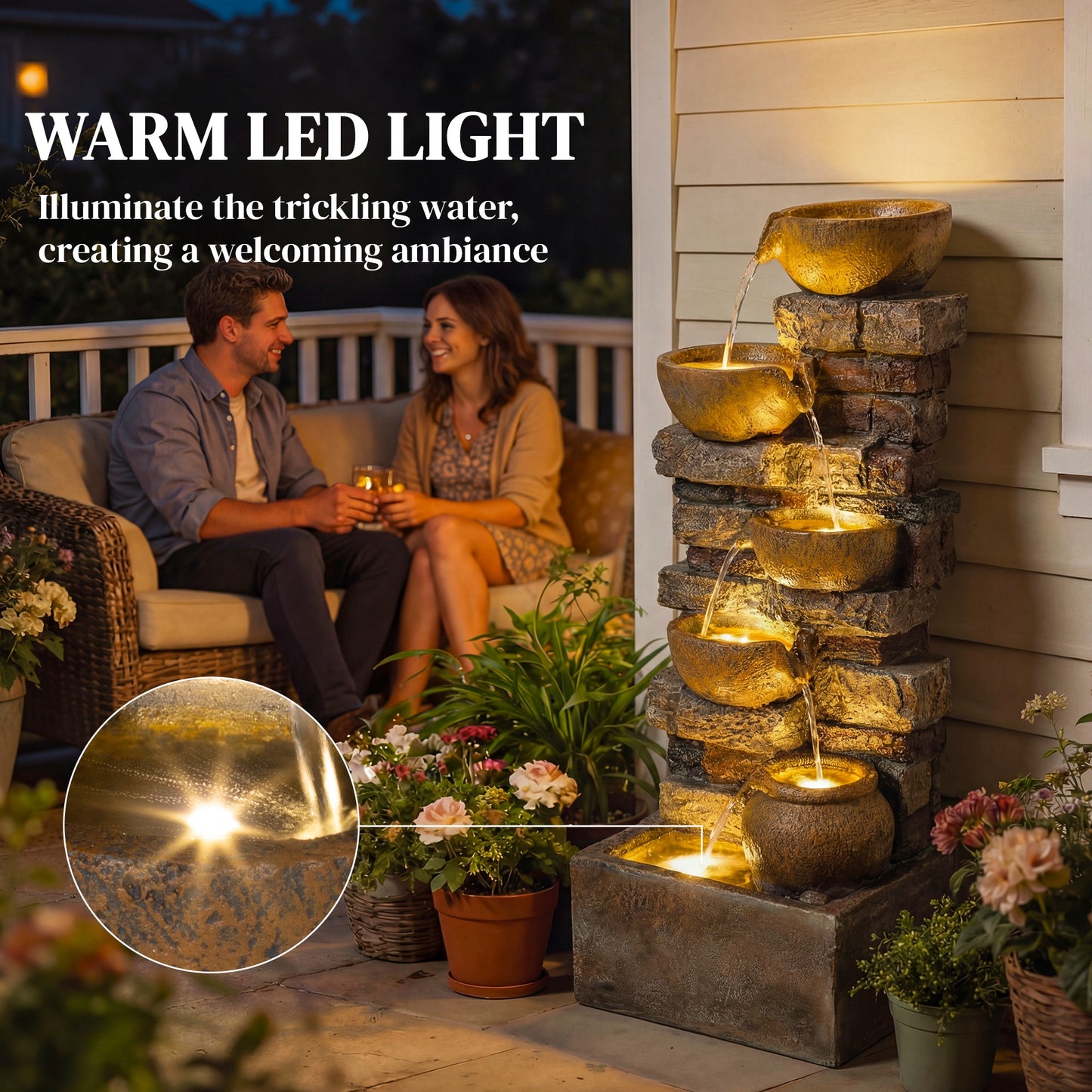 28" 5-Tier Outdoor Fountain, Cascading Waterfall Feature with LED Lights, Adjustable Flow, Rustic Brown
