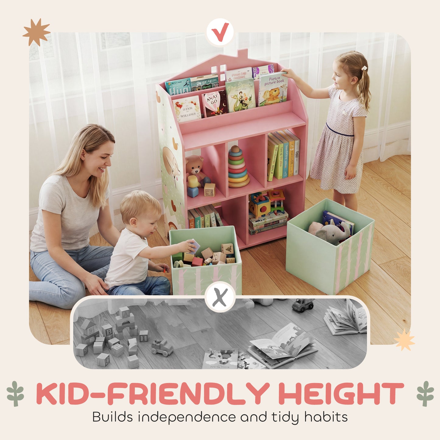 Kids Bookshelf with Storage, Toy Storage Unit with Book Display, Shelves and Fabric Drawers for Playroom Nursery, Pink