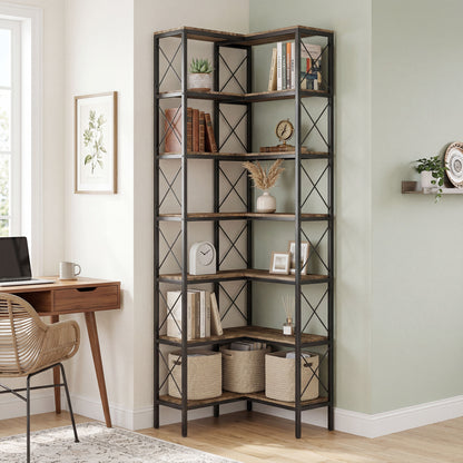 6-Tier L-Shaped Bookshelf, Freestanding Corner Bookcase with Metal Frame, Rustic Brown
