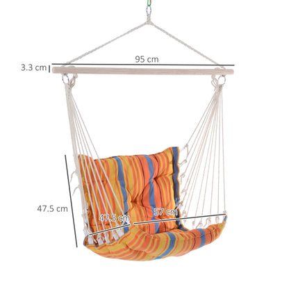 Outdoor Hanging Rope Chair with Soft Padded Seat & Backrest, Garden Hammock Chair with Wooden Support Bar Cotton Cloth
