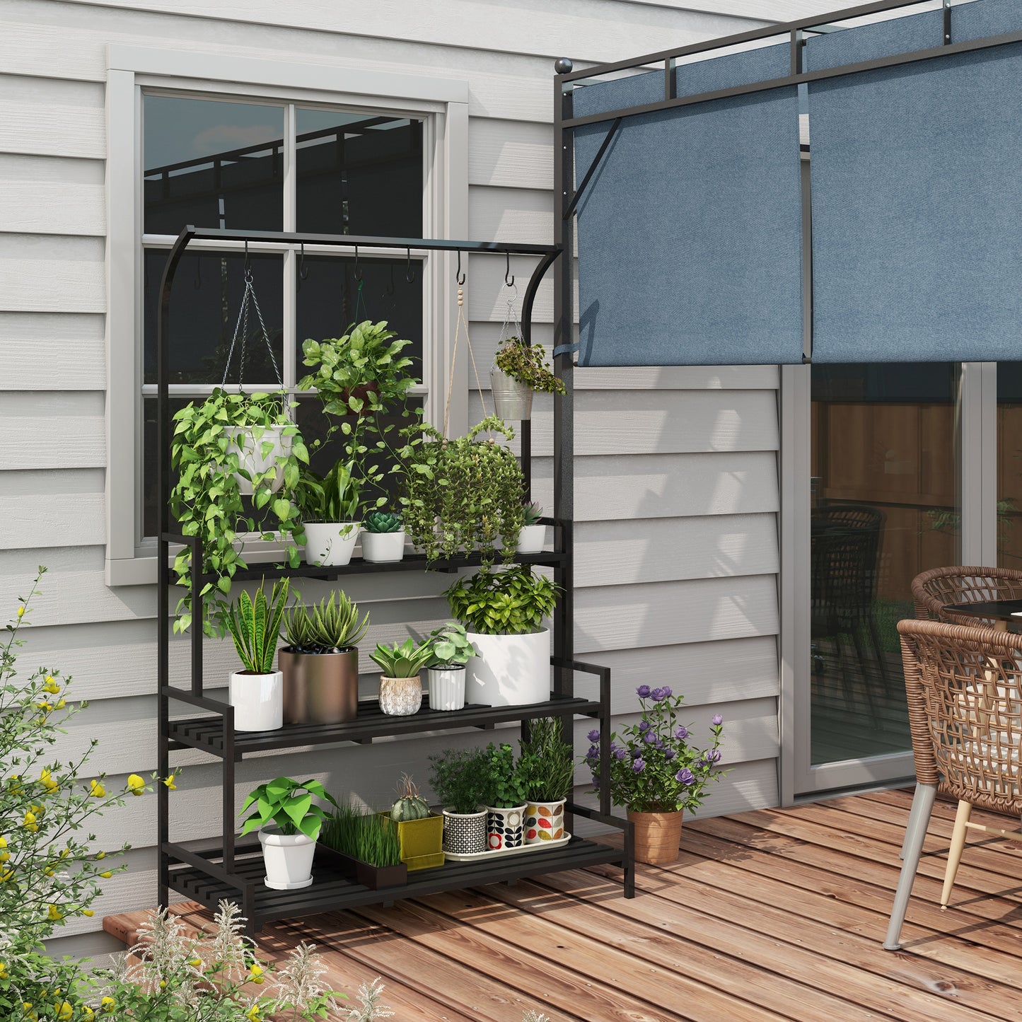 3 Tiered Plant Rack with Hanging Hooks, Tall Plant Stand for Indoor Outdoor Porch Balcony Use, Black