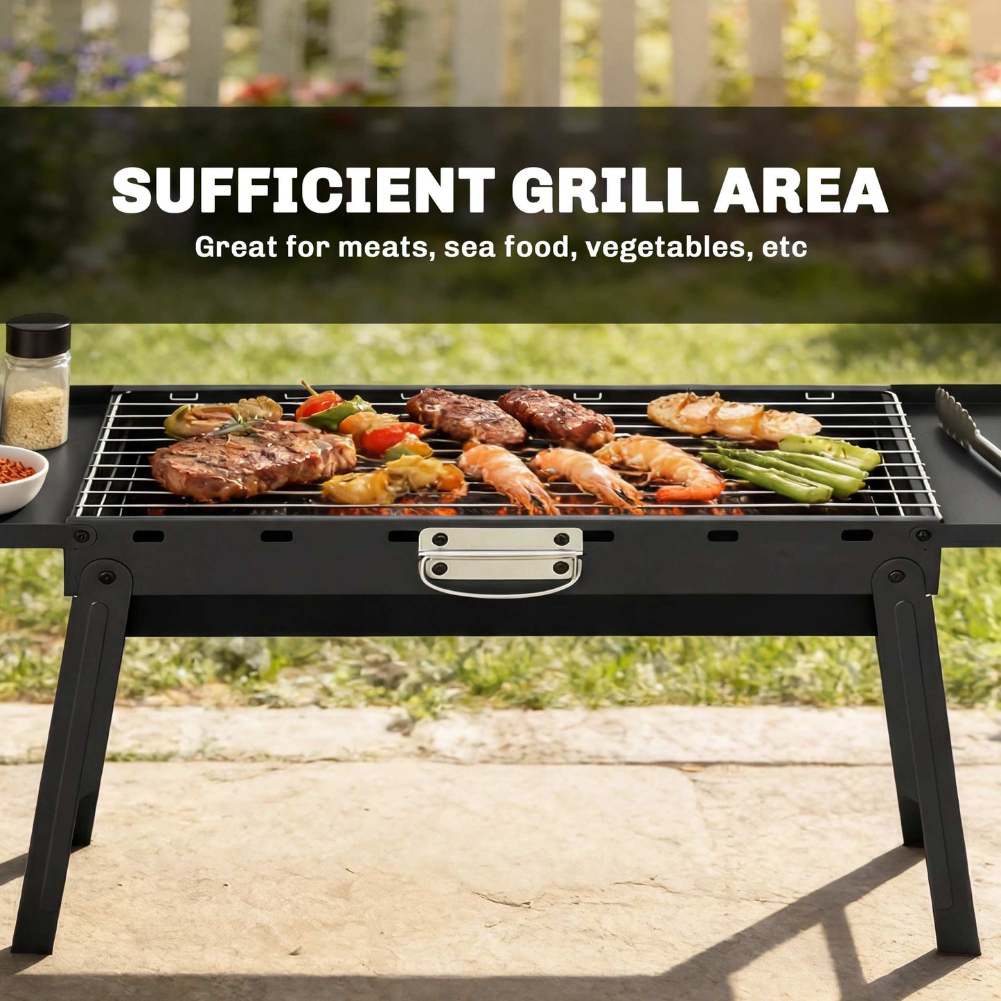 Portable BBQ Grill, Foldable Charcoal Grill for Camping and Picnics with 2 Side Shelves and Handle, Black