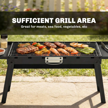 Portable BBQ Grill, Foldable Charcoal Grill for Camping and Picnics with 2 Side Shelves and Handle, Black
