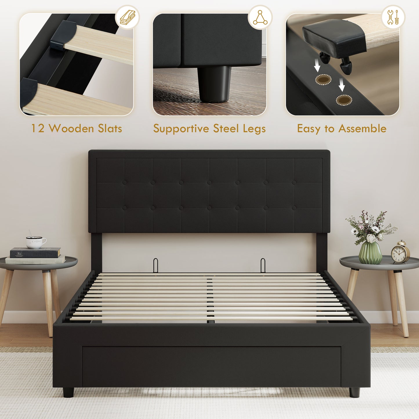 4ft6 Double Ottoman Bed Frame, with Front Drawer - Black