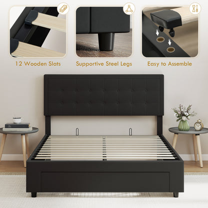 4ft6 Double Ottoman Bed Frame, with Front Drawer - Black