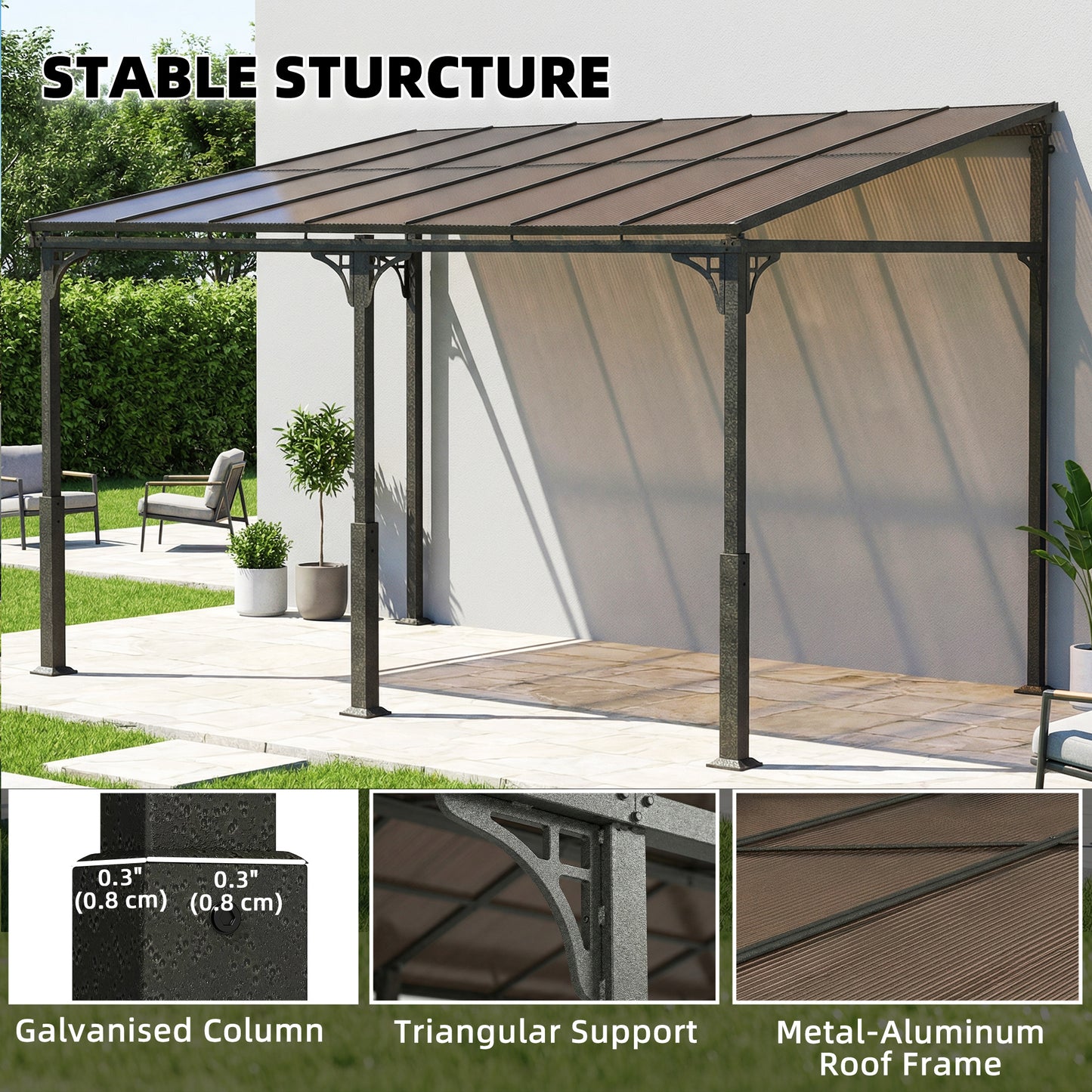 4 x 3 m Metal Lean-to Pergola, Wall-Mounted Garden Pergola with Polycarbonate Roof and Metal-Aluminium Frame