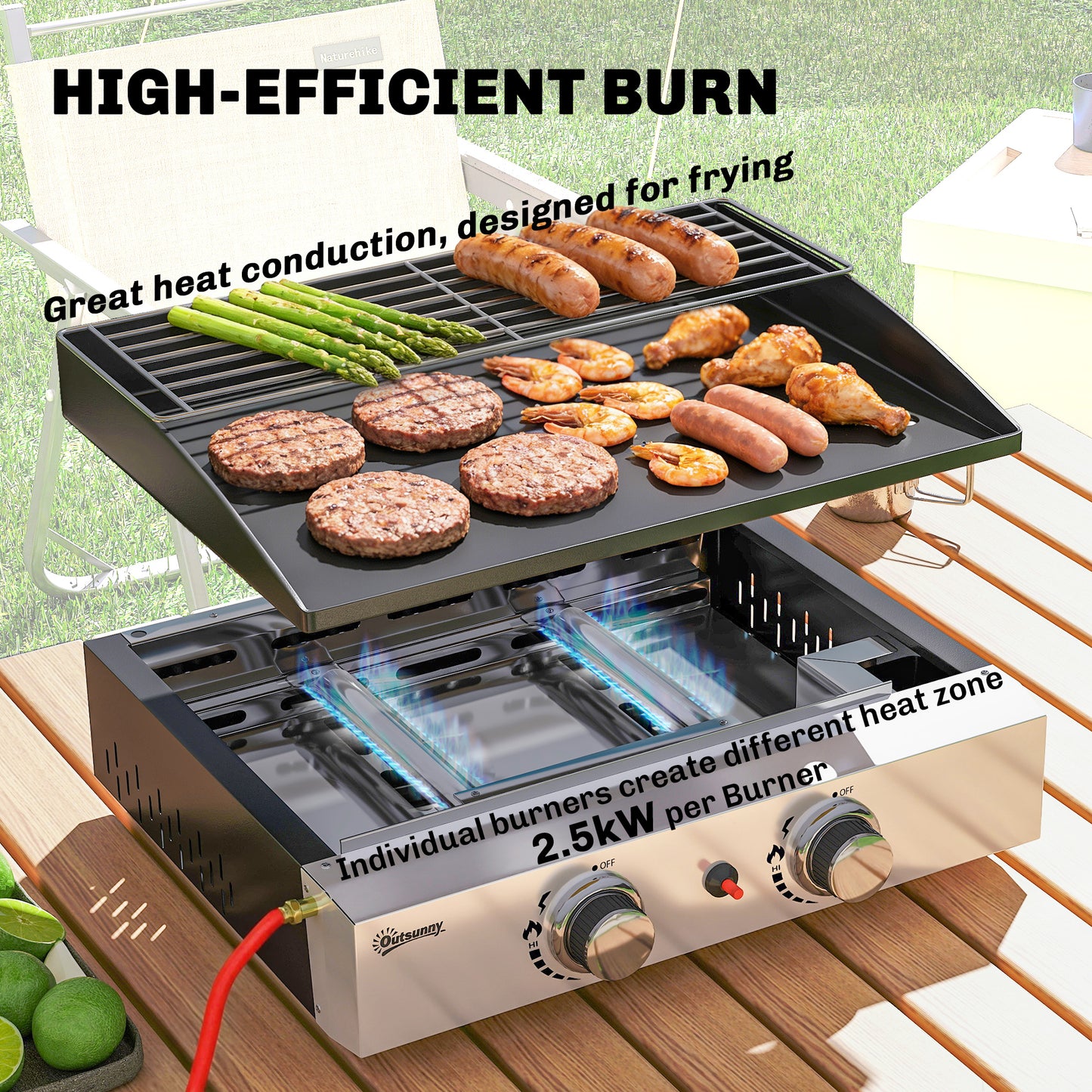 2 Burner Grill Griddle, Portable Gas Plancha with Warming Rack, 5 kW, Tabletop Gas BBQ with Grease Cup, Black