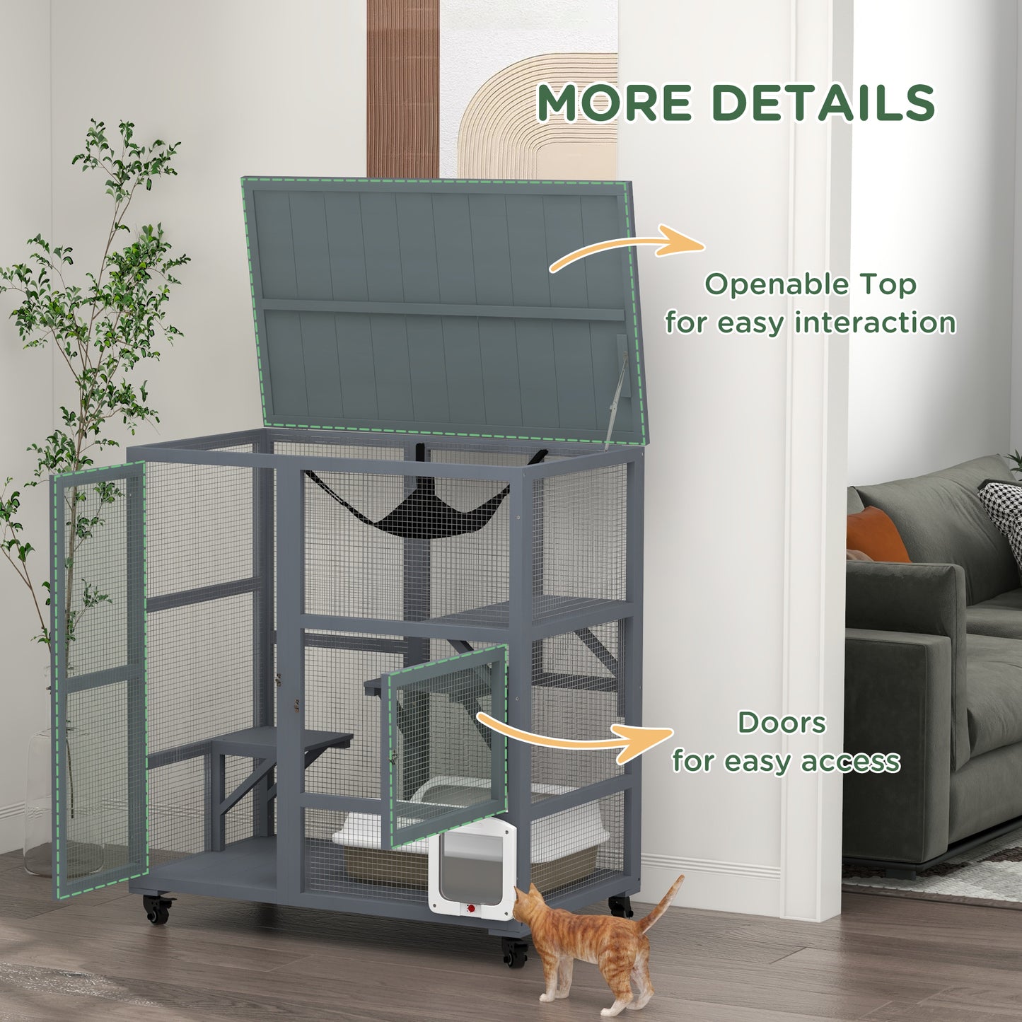 Cat House, Wooden Indoor Catio Cat Enclosure on Wheels, Wooden Kitty Cage with Platforms, Hammock, Light Grey