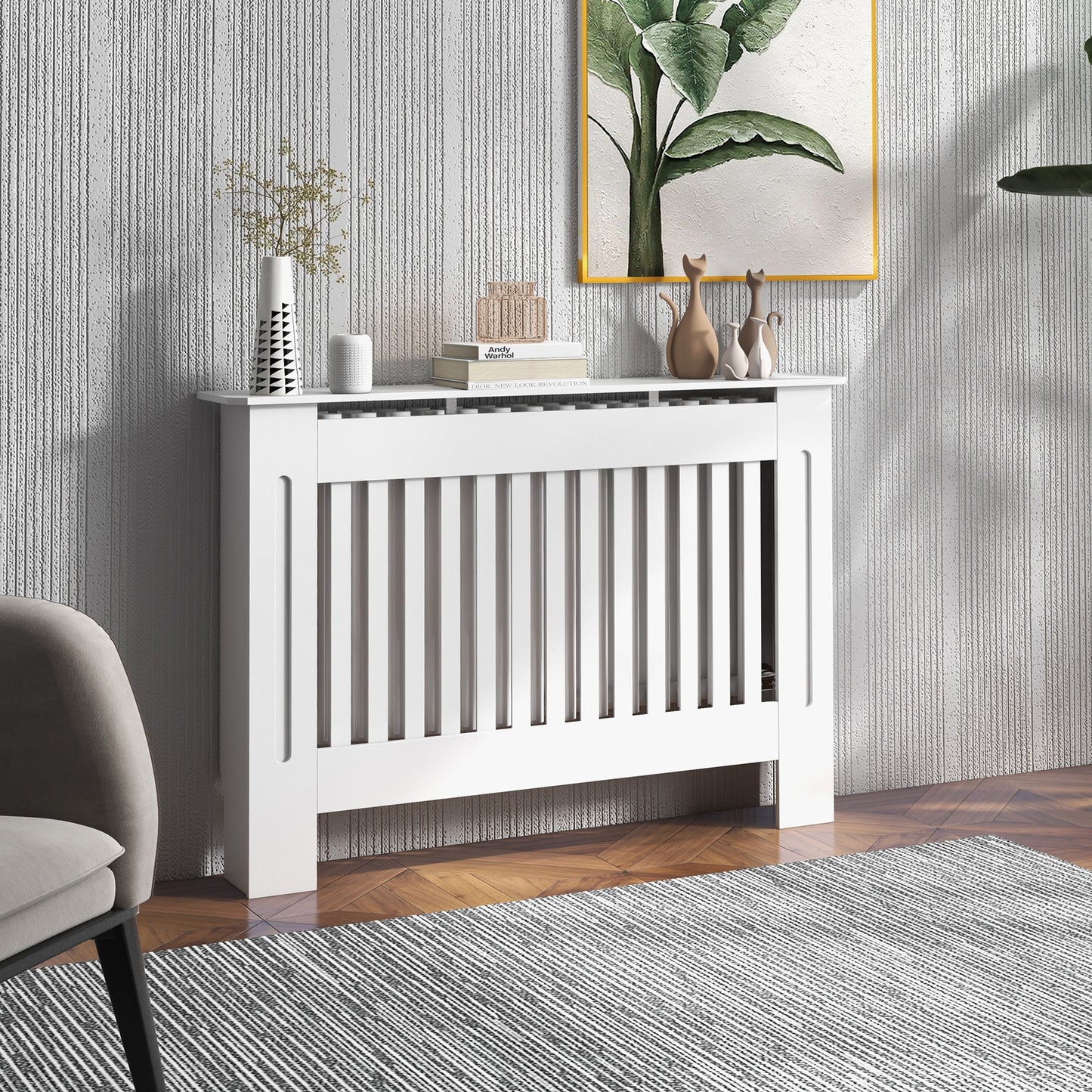 Slatted Radiator Cover Painted Cabinet MDF Lined Grill in White (112L x 19W x 81H cm)