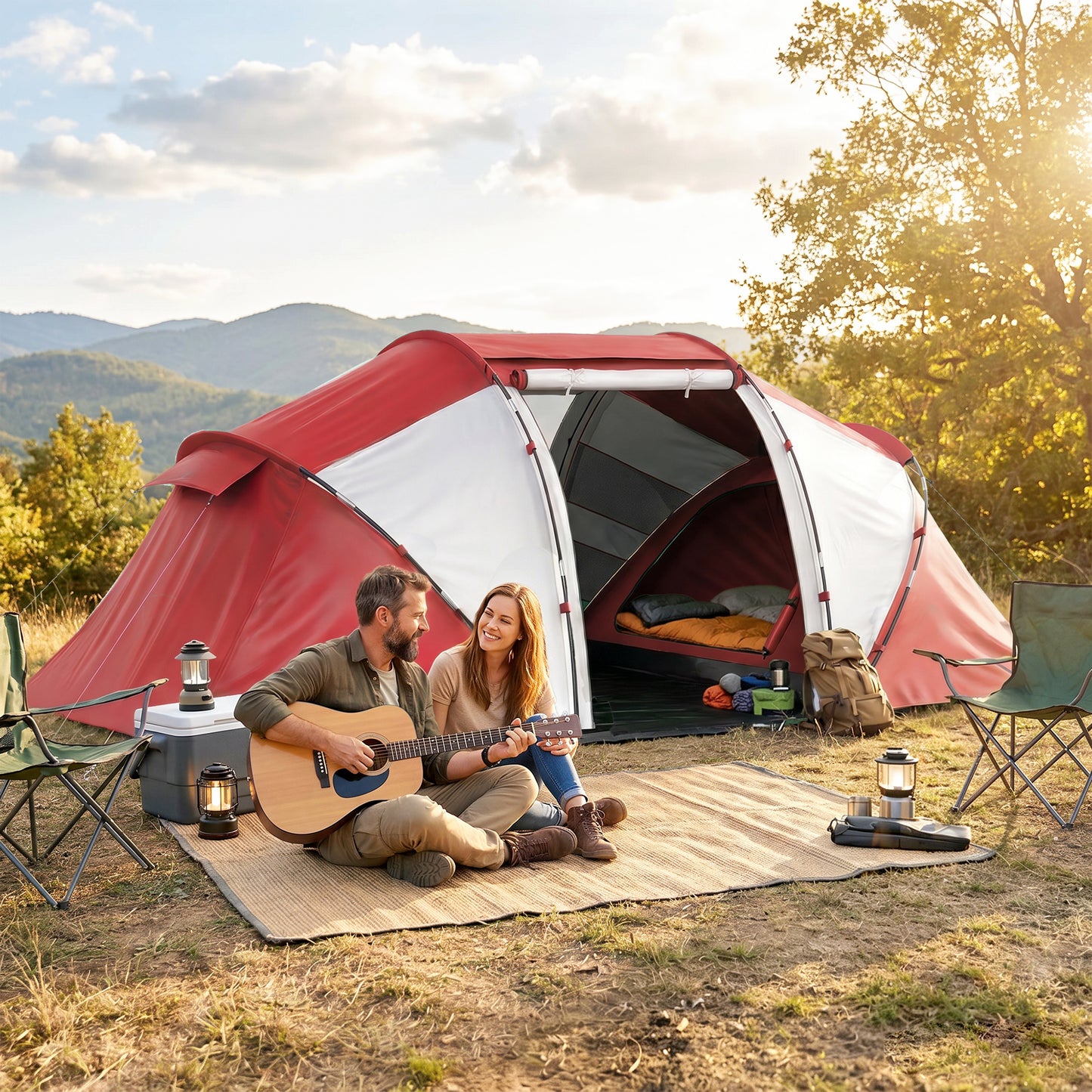 4 Man UV Protection Camping Tent - Grey and Red