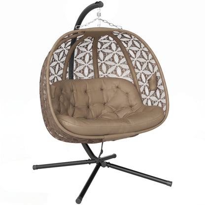 Outdoor Double Hanging Chair with Cushion and Cup Holders, Sand Brown