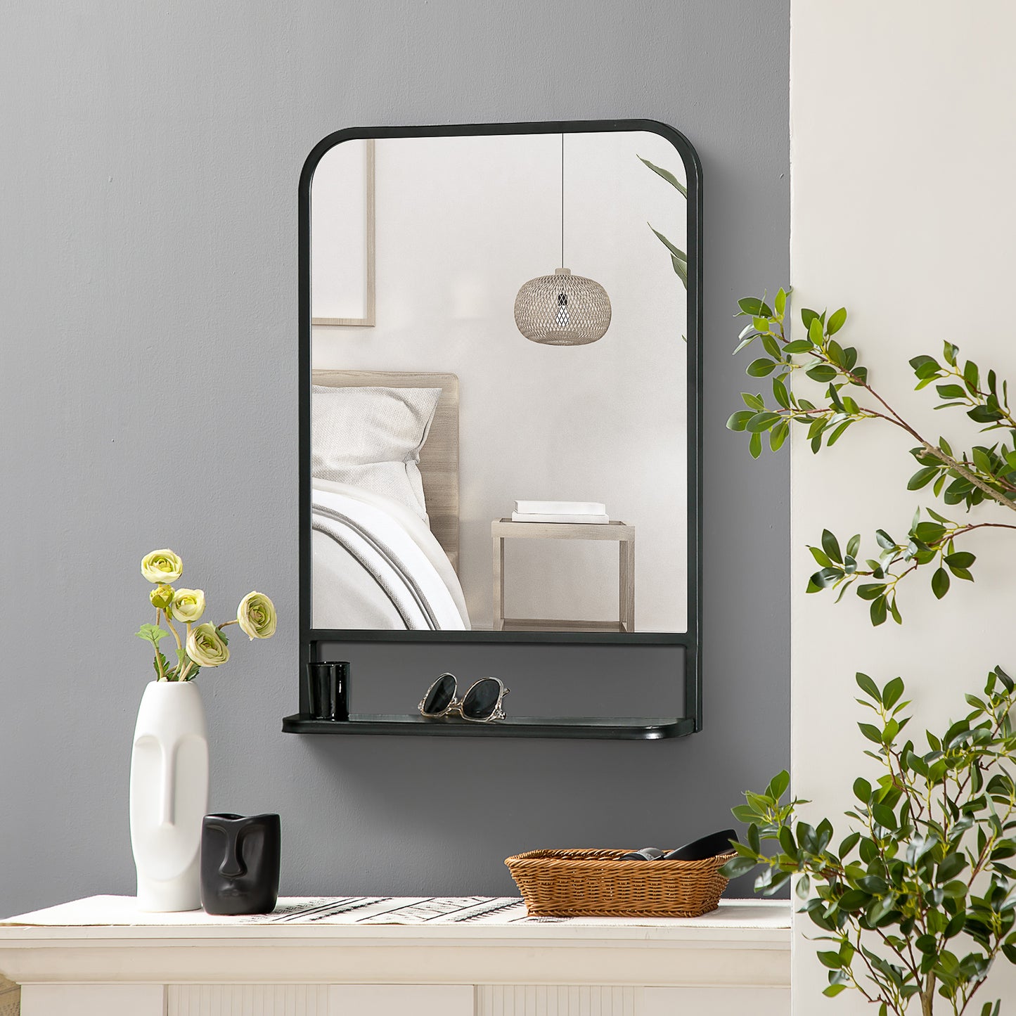 Modern Rectangular Wall Mirror with Storage Shelf, 70 x 50 cm Mirrors for Living Room, Bedroom, Black