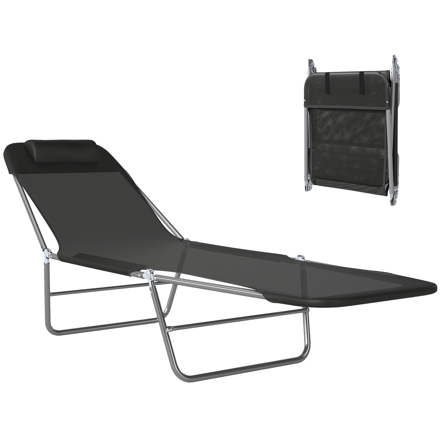 Folding Sun Lounger, Texteline Reclining Sun Bed with 5 Position Adjustable Backrest, Headrest, Black
