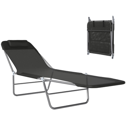 Folding Sun Lounger, Texteline Reclining Sun Bed with 5 Position Adjustable Backrest, Headrest, Black