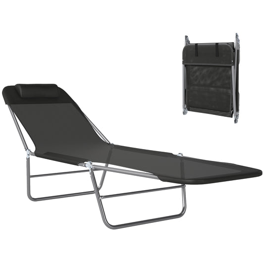 Folding Sun Lounger, Texteline Reclining Sun Bed with 5 Position Adjustable Backrest, Headrest, Black