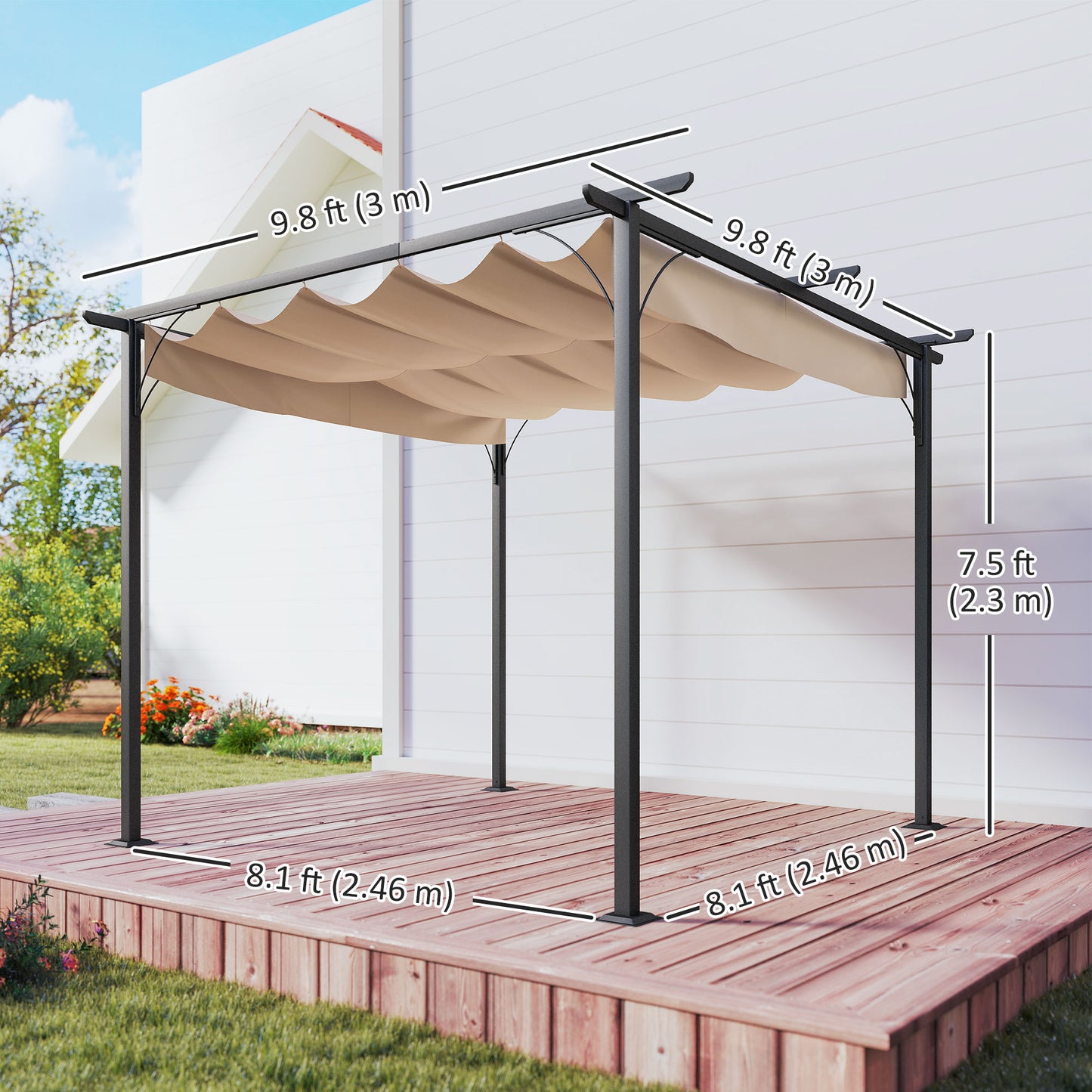 3 x 3(m) Metal Pergola with Retractable Roof, Garden Gazebo Metal Pergola Canopy for Party BBQ, Beige