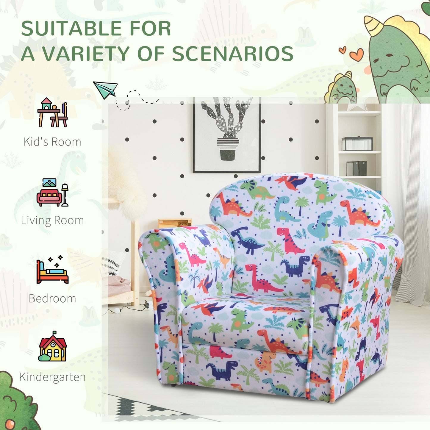 Children's Armchair Flannel Kids Sofa Tub Chair Cartoon Dinosaur Pattern Wooden Frame Bedroom Playroom Seater Multicolour